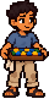 The apprentice, a boy carrying a tray of cut tile pieces
